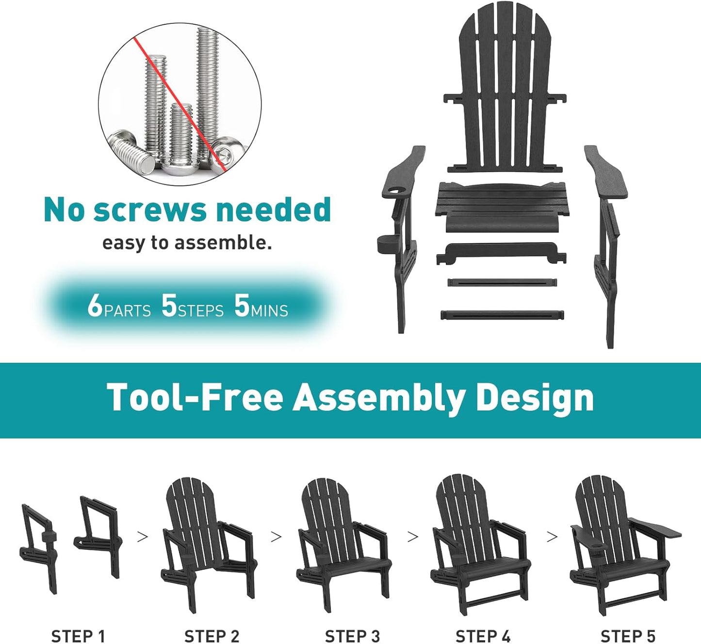 Adirondack Chair, Tool-Free Assembly All-Weather Adirondack Chairs, HDPE Fire Pit Chairs with Cup Holder, Outdoor Chair for Patio Garden (Black)