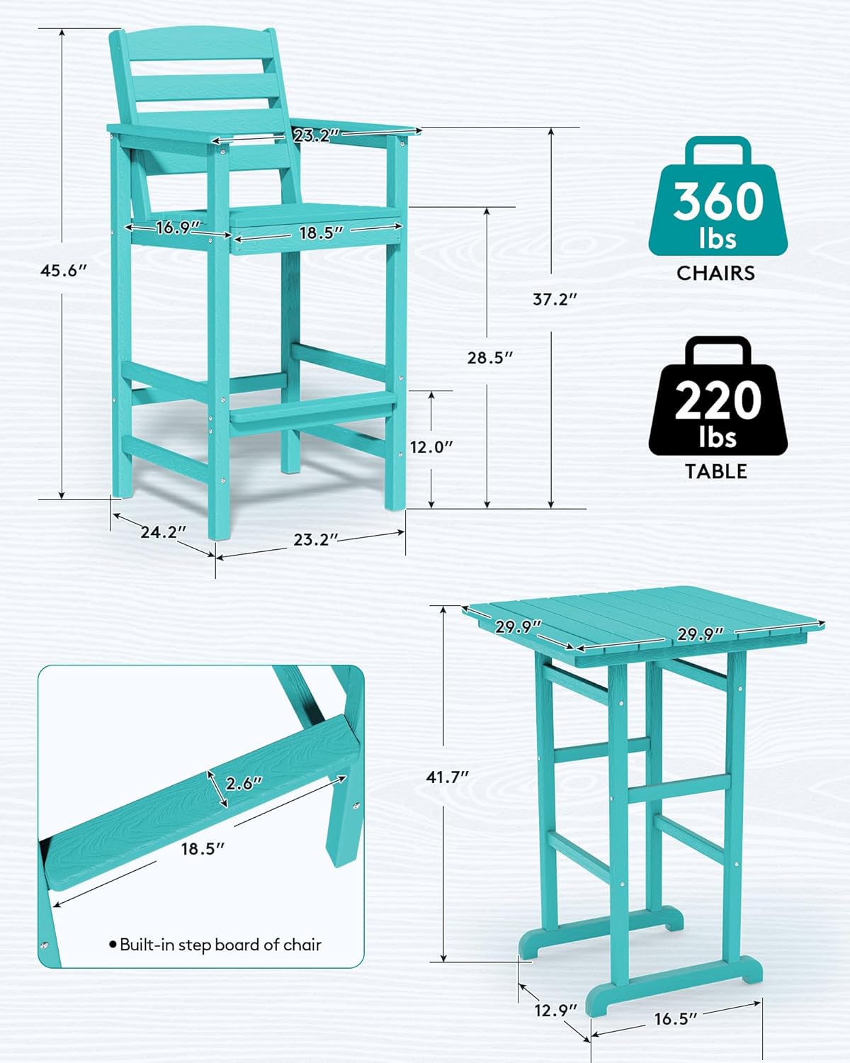 SERWALL Balcony Adirondack Chairs and Table 3 Pieces Set, Adirondack Bar Height Chairs Set of 2 and Bar Table, Outdoor Bar Stools Set for Bistro, Poolside, Backyard, Aruba