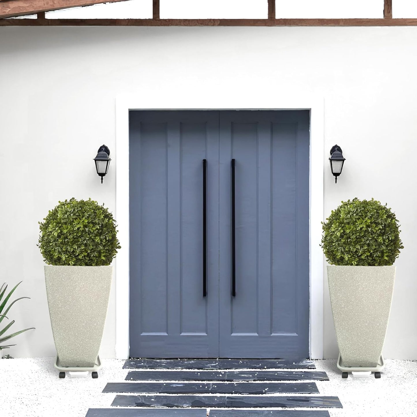 Set of 2 Large Tall 21 Inch Planter Pots Indoor/Outdoor-Matte Grey Square Flower Planters with Tray for Patio, Front Door, Deck | Weather-Resistant & Lightweight Plastic (Grey)