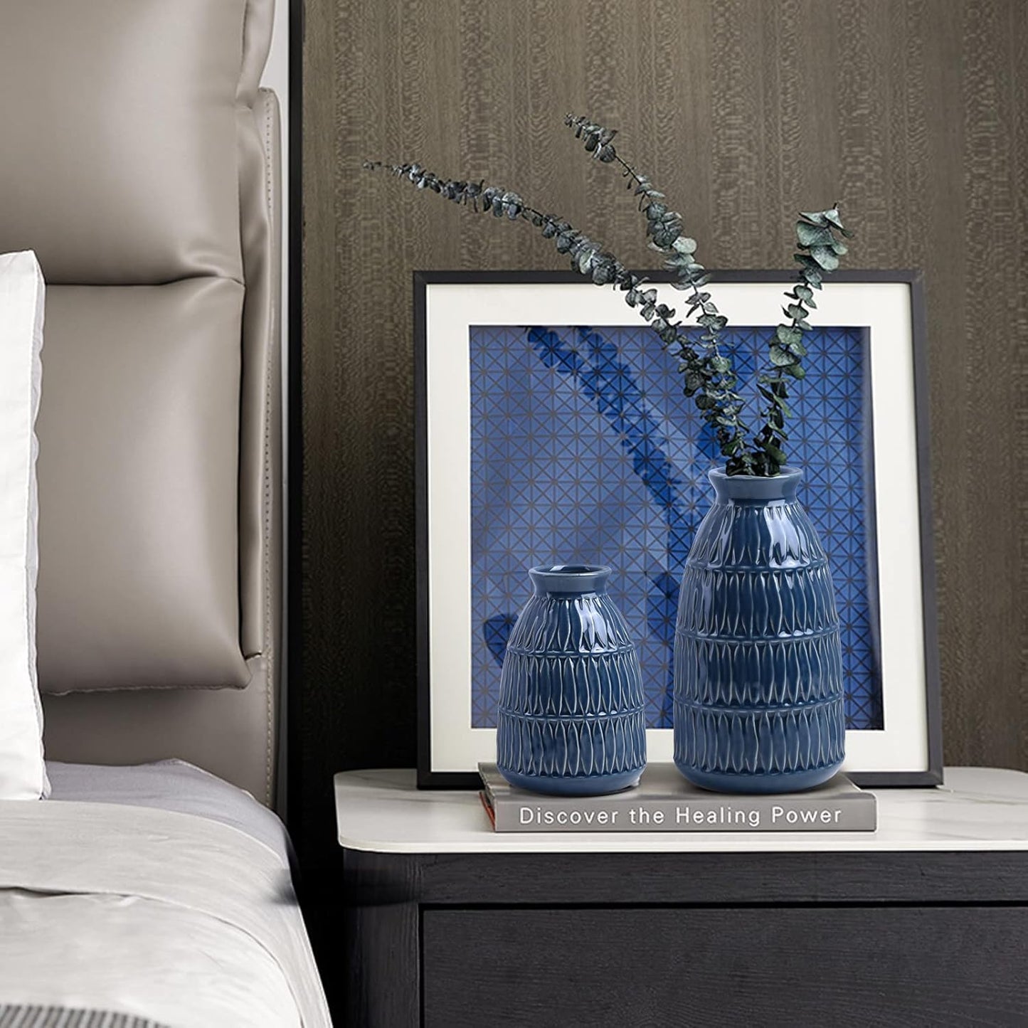 Yundu Navy Blue Ceramic Flower Vases for Home Decor Set of 3, Living Room Décor, Modern Farmhouse and Neutral Home Décor, Pmpas Grass Vase, Shelf, Mantle, Centerpieces Minimalist Décor