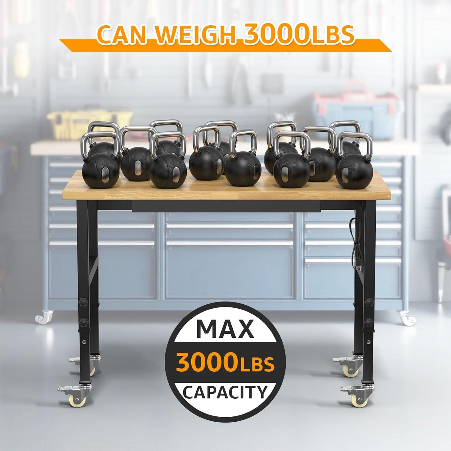 48" Adjustable Workbench,Heavy-Duty Work Table,3000 LBS Load Capacity Hardwood Workstation Outlets with Power Strips, Drawers and Wheels,for Workshop, Garage