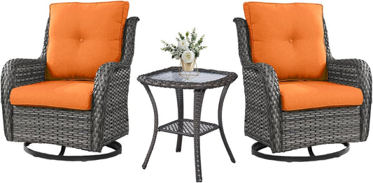 Outdoor Swivel Rocker Wicker Chairs Set of 3, High Back Swivel Patio Chairs Wicker Furniture Set, 2 PCS Rattan Swivel Rocking Chair with Side Table, Orange Cushion