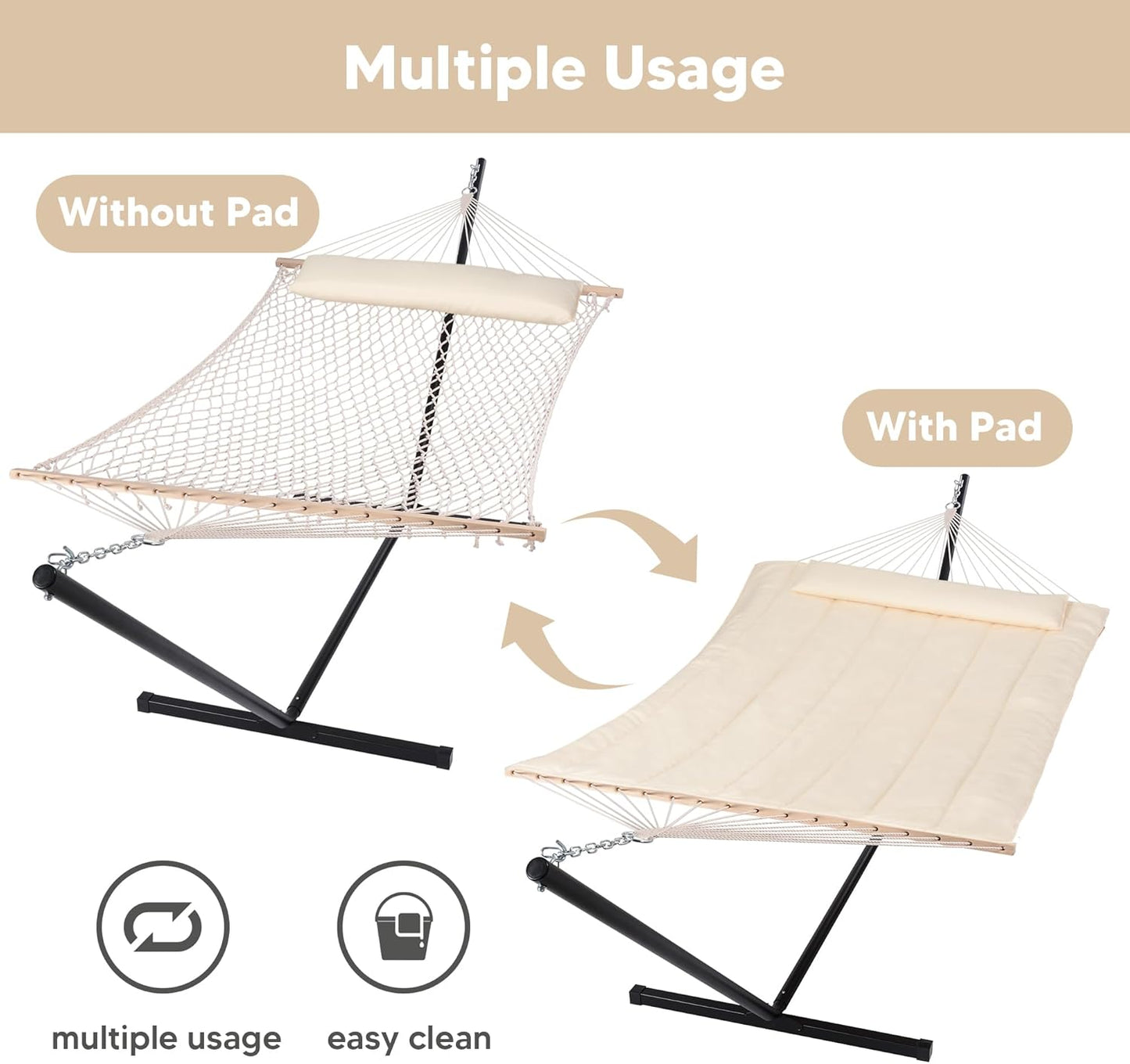 SUNCREAT Two Person Hammock with 12ft Stand Included, Max 475lbs Capacity, Heavy Duty Free Standing Hammock, Beige