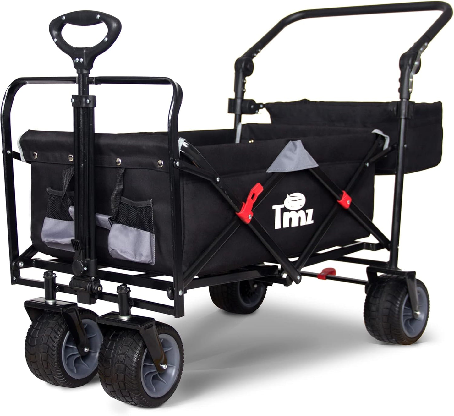 TMZ All Terrain Utility Folding Wagon, Collapsible Garden Cart, Heavy Duty Beach Wagon, for Shopping, Camping, and Outdoor Activities with Push Handle and Brakes (Black/Grey)