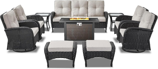 Expansive 10 Pieces Outdoor Patio Furniture Set with 43” Propane Fire Pit Table, Patio Conversation Set with Swivel Rocker Outdoor Chairs Set of 4 and Sofa, Ottoman and Wicker Side Table Black