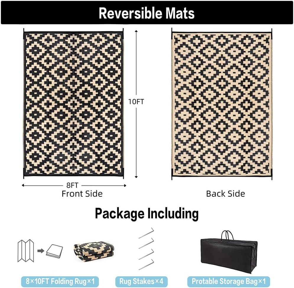 Outdoor Plastic Straw Rug, Waterproof Mat, Washable Large Floor Mat and Rug for Outdoors, RV, Beach, Patio, Camping, Backyard, Deck, Picnic, Indoor Outside (8x10ft,Geometry/Black&Beige)