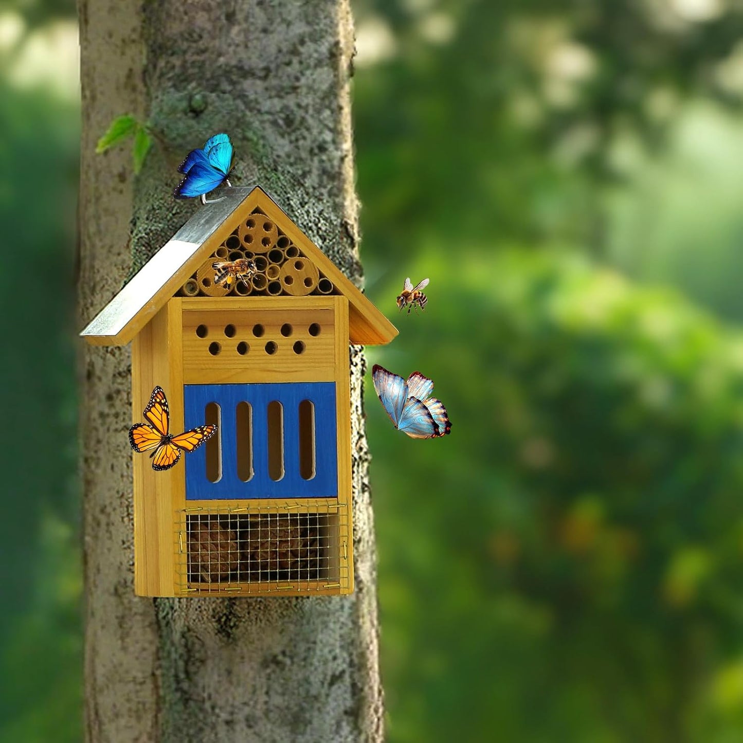 Wooden Butterfly House & Bee House for The Garden, Durable Bug Hotel W/Wooden Stake and Iron Roof, Insect Habitat On The Ground Or Hanging On The Tree, for Butterfly, Bee, Ladybug, Bug