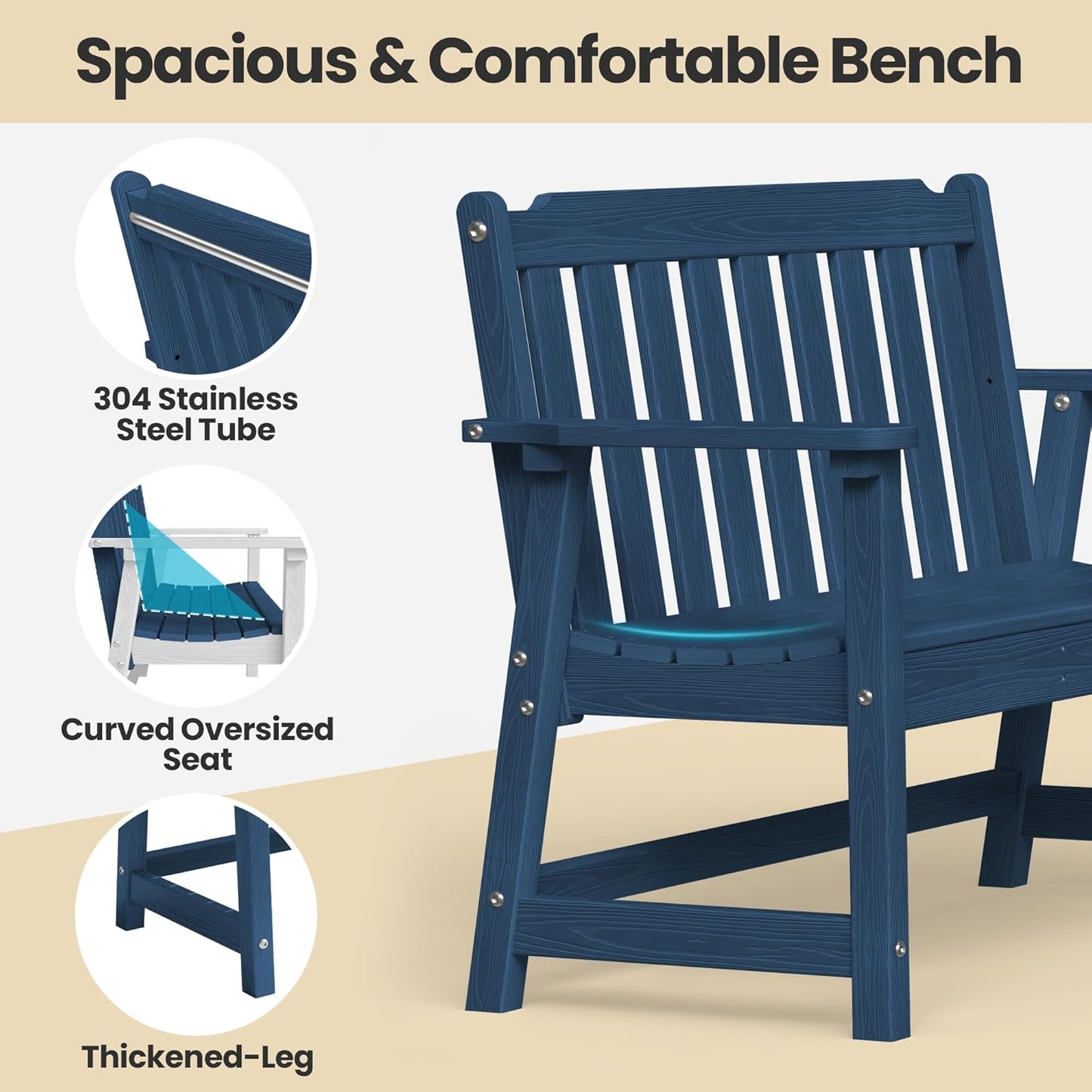 Ciokea 46" Heavy Duty Outdoor Bench, HDPE Weatherproof Garden Benches, Durable 2-Person Porch Benches with 660 Lbs, Waterproof Patio Bench for Outside Balcony Deck Backyard, Navy Blue