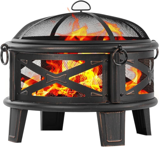 Breezz 26 Inch Wood Burning Fire Pit with Cooking Grill and Spark Screen, Outdoor Metal Round Firepit for Patio, Backyard, Bonfire Party, Camping