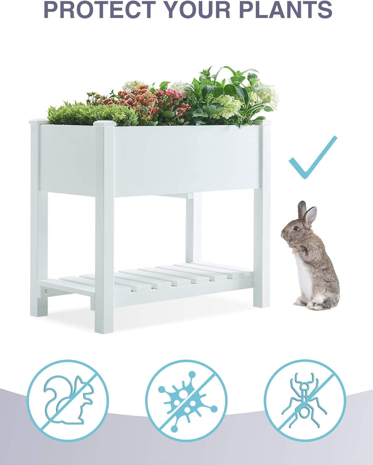 Psilvam Planter Box Raised Garden Bed, Poly Lumber Raised Garden Beds Outdoor with Storage Racks and Tarps, Superior to Cedar Elevated Garden Bed with Leg, for Balcony and Porch, 350 lbs Load (White)