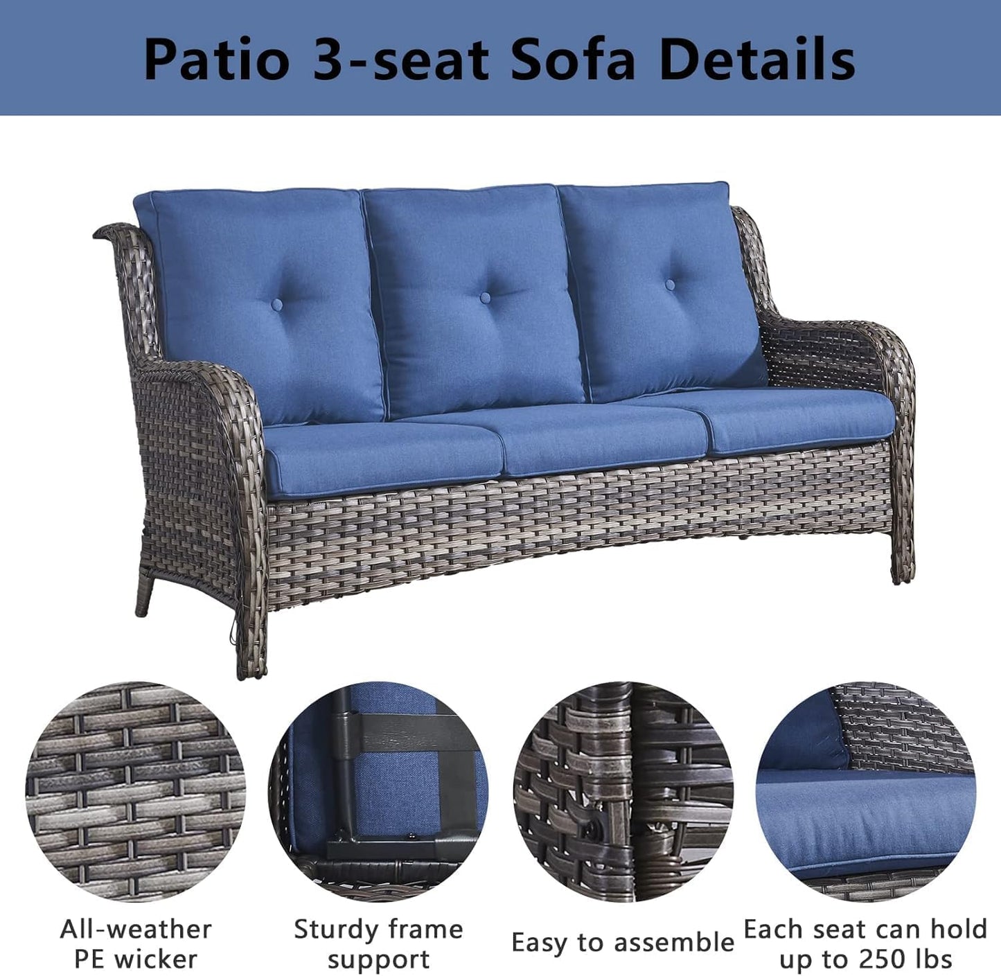 Wicker Patio Furniture Sets - 8 Piece Rattan Outdoor Furniture Conversation Sets with 4 Swivel Rocker Chairs, Rattan Sofa, Wicker Ottomans and Coffee Table, Mixed Grey/Blue