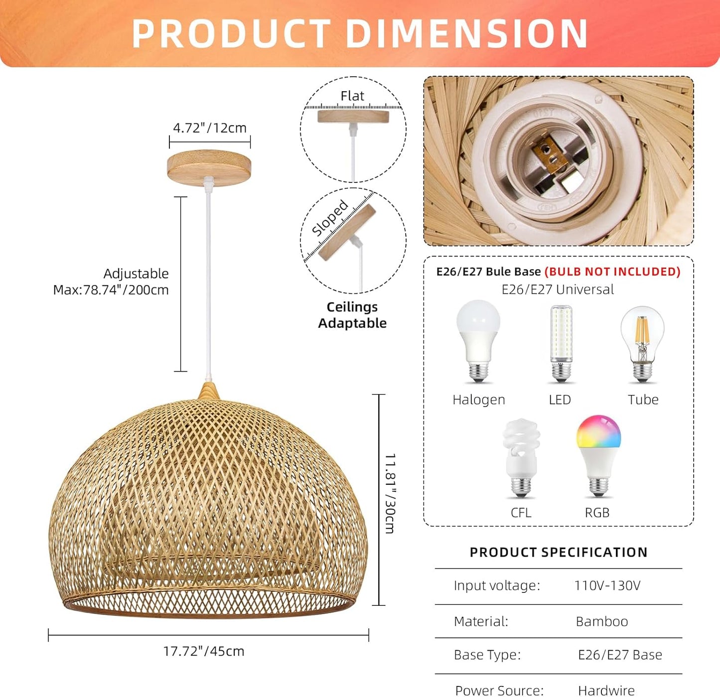 Arturesthome Bamboo Pendant Light for Kitchen Island, 17.6" Wicker Chandelier Lighting, Handmade Woven Hanging Ceiling Light Lampshade for Living Room Bedroom