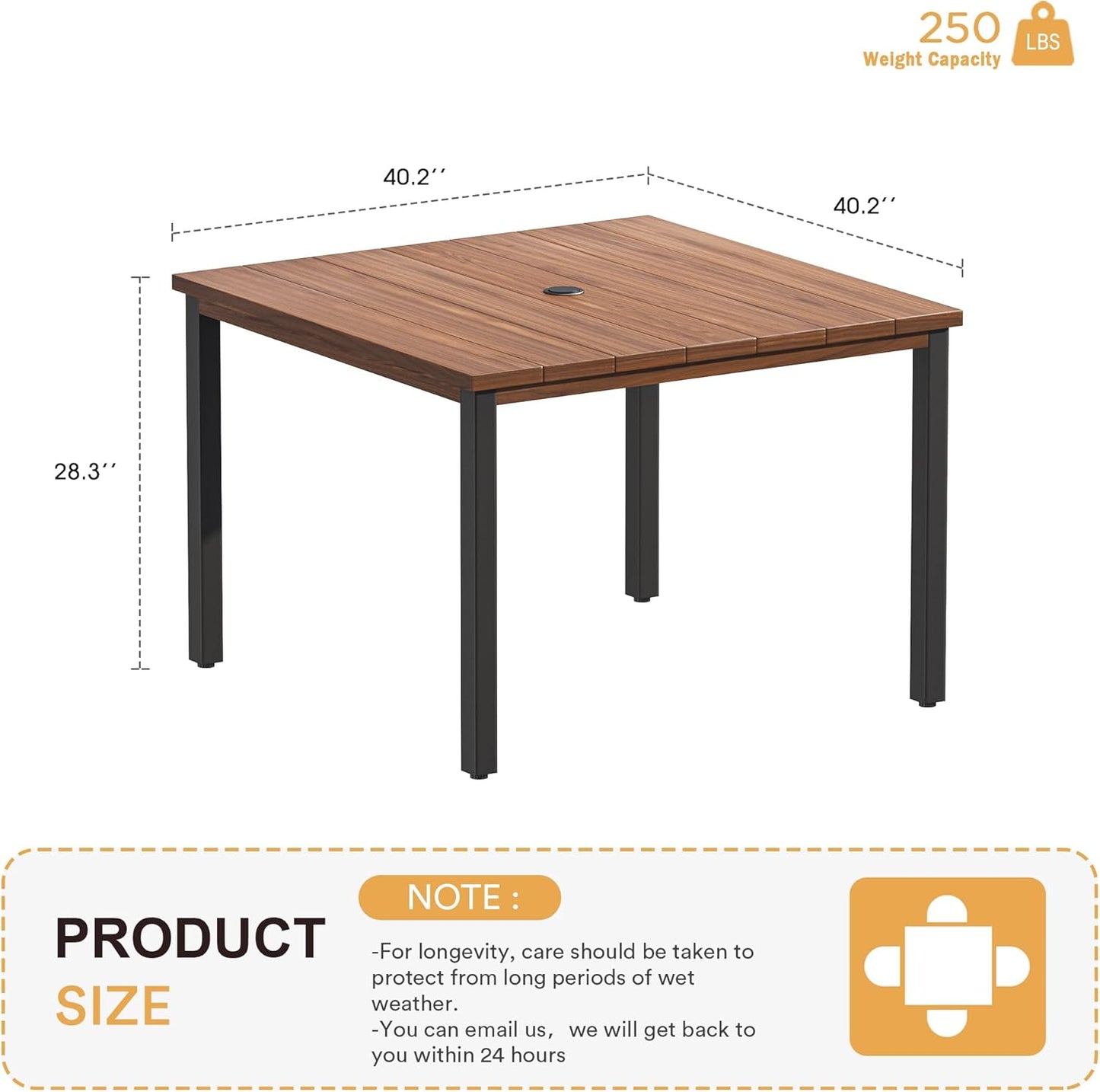 VICLLAX 40.2" Square Patio Dining Table for 4, Outdoor Table with Umbrella Hole, All Weather Metal Patio Table for Lawn Garden, Walnut Wood-Like Tabletop