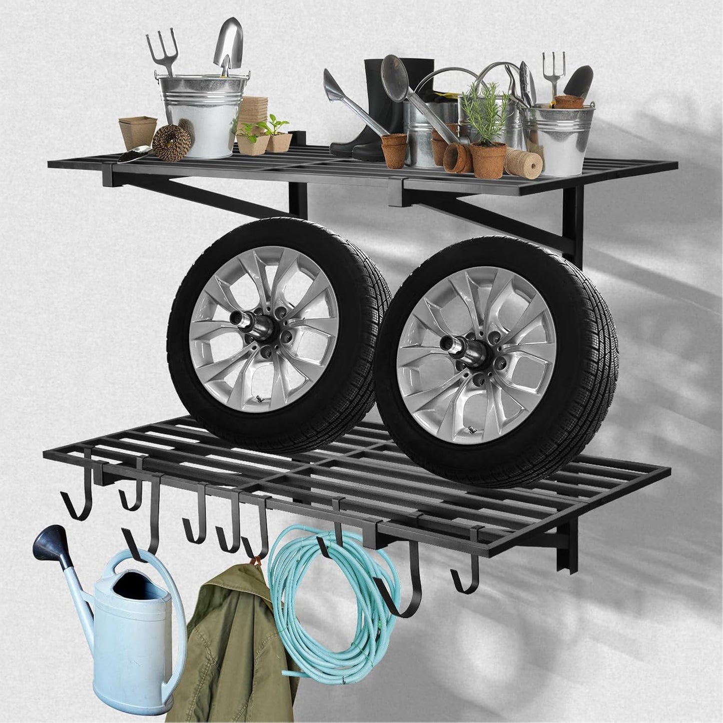 2 Pack Heavy Duty Garage Wall Shelving, 2' x 4' Wall Mount Storage Shelf, Holds 200 lbs Each, Garage Shelving Wall Mounted, Storage Rack with Hooks (Black)