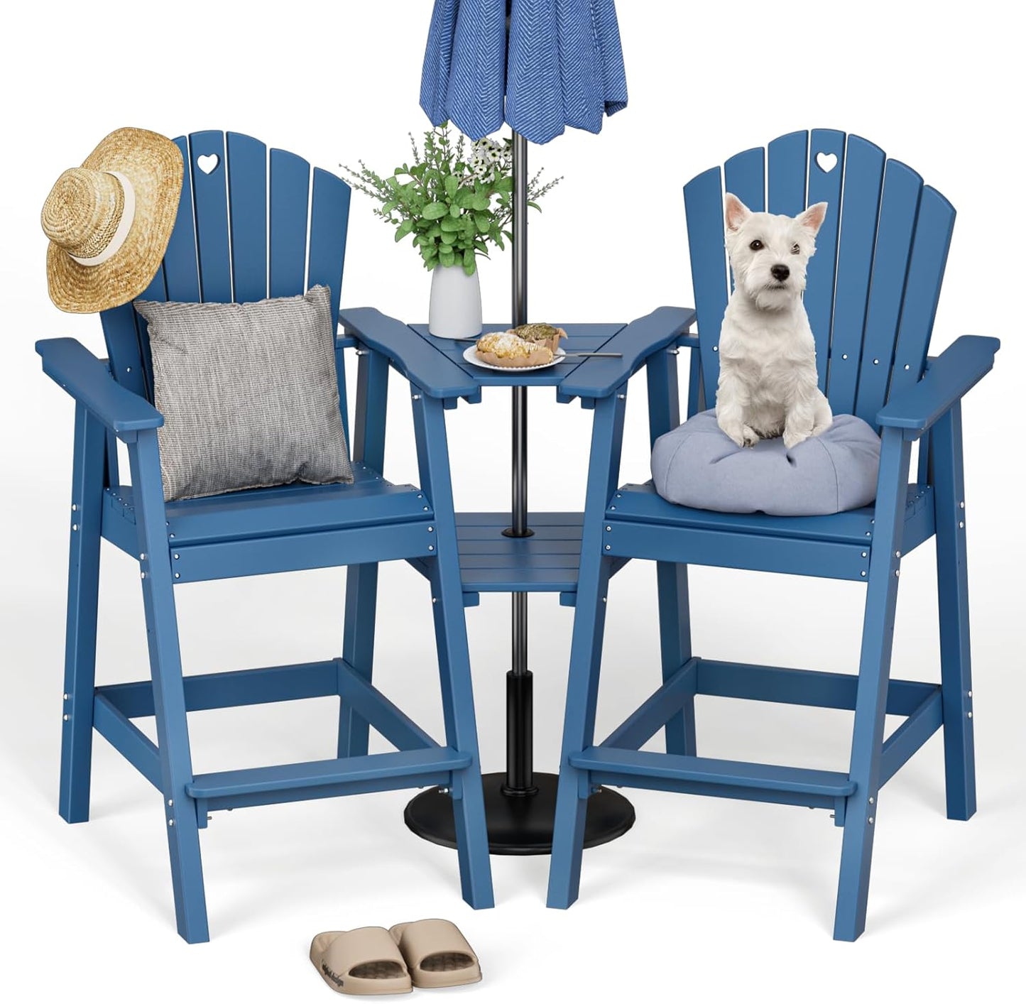 Tall Adirondack Chairs Set of 2 with 2-Layer Connecting Table, HDPE Bar Height Outdoor Table and Chairs with Umbrella Hole, All Weather Outdoor Bar Stools for Patio, Deck, Yard (Navy Blue)