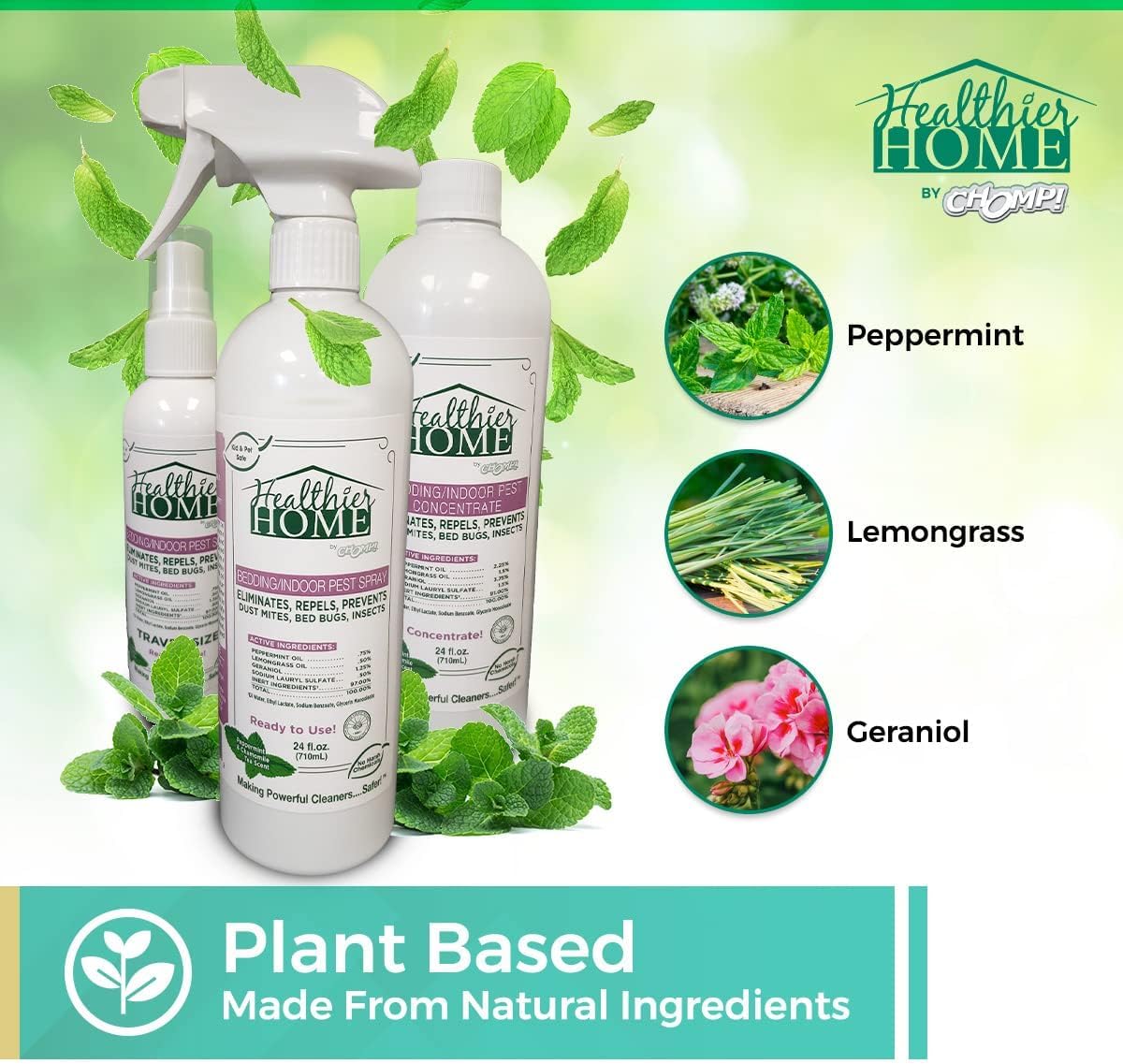 CHOMP! Insect and Pest Control Spray, 128 Ounces, Indoor and Outdoor Use, Plant-Based Formula Ants, Bed Bugs, Dust Mites Spiders, Made with Peppermint, Lemongrass, Geraniol