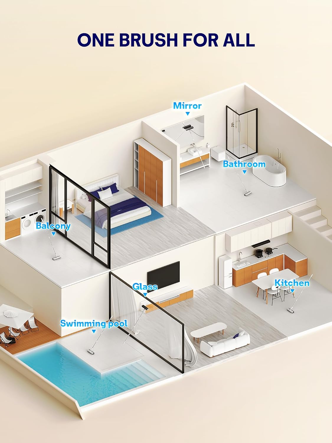 Floor Scrub Brush with Long Handle, 3 in 1 Scrape and Heavy-Duty Stiff Bristle Floor Scrubber Brush with Squeegee and Tweezer for Cleaning Tile Wall Deck Bathroom Patio Garage Kitchen (White)