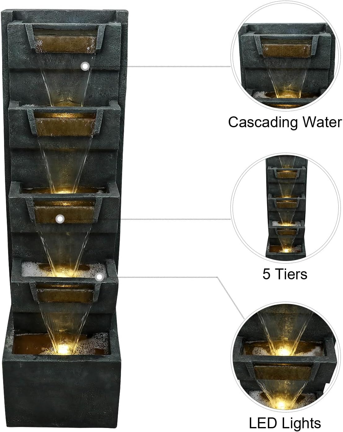SunJet 4-Tiers Modern Cascading Indoor/Outdoor Fountains and Waterfalls with LED Lights - 39.3" High Large Water Fountain for Garden, Patio, Yard, and Deck Decor - Relaxing Water Fountain Outdoor