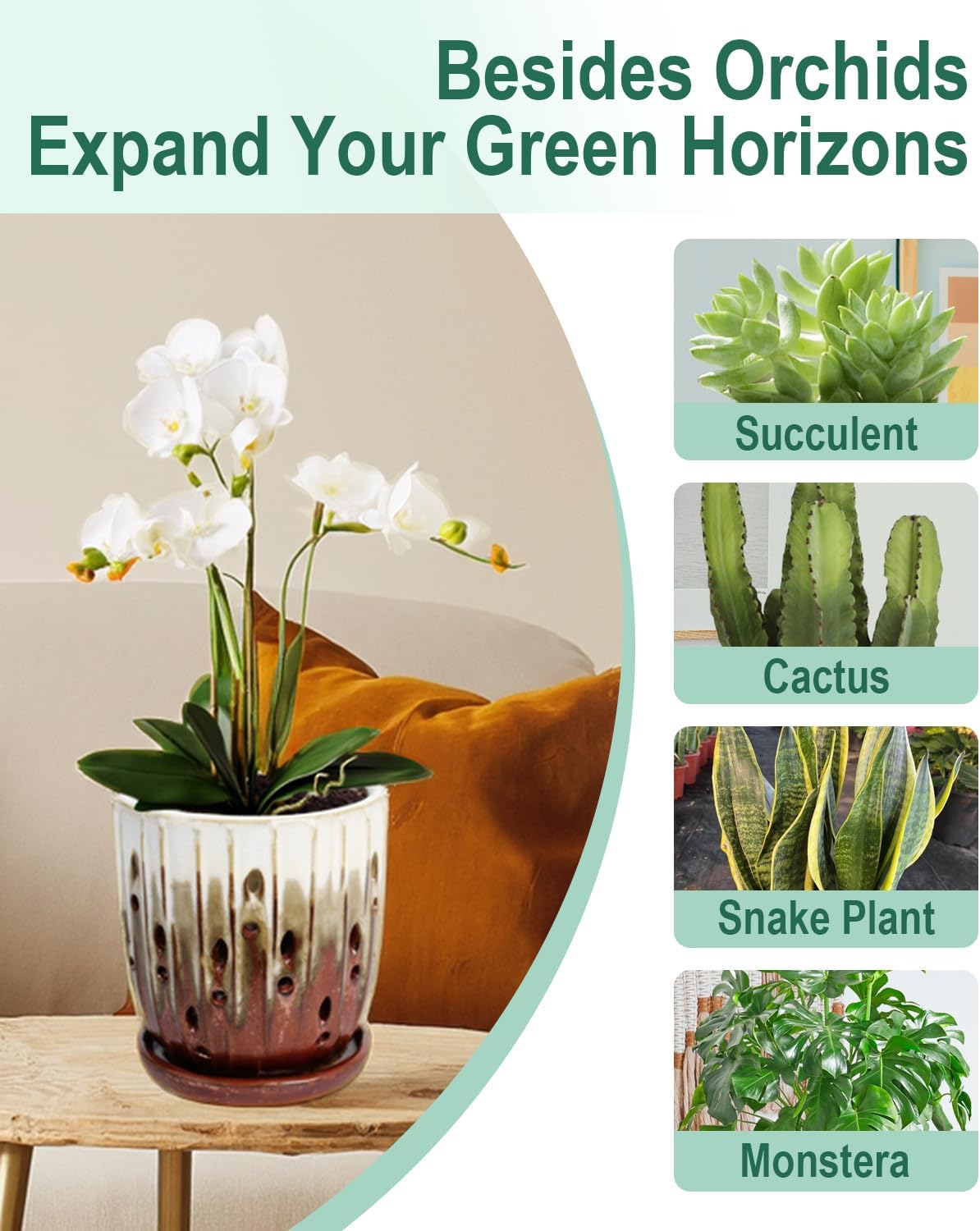 vensovo 6 Inch Ceramic Orchid Pot - Orchid Pot with Holes for Repotting, Ceramic Planter with Saucer for Indoor/Outdoor Plants, Brown