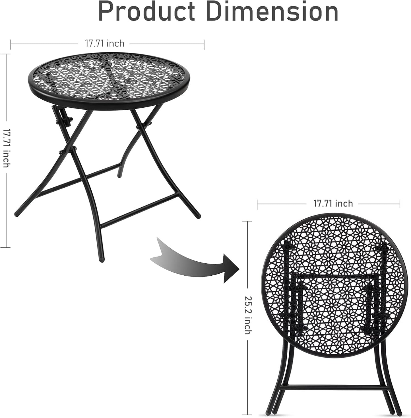 TeoKJ Folding Outdoor Side Tables, Anti Rust Small Patio Table Round Metal Nightstand with Flower Cutouts for Porch Yard Balcony Deck Lawn, Black