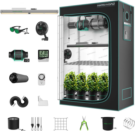 MARS HYDRO 2x4 Grow Tent Kit Complete System,300W Remote WiFi Control Dimmable SP3000 Light, 24"x48"x71" 1680D High Reflective Mylar with 4inch Adjustable Speed Ventilation System,10 Speed Clip Fan