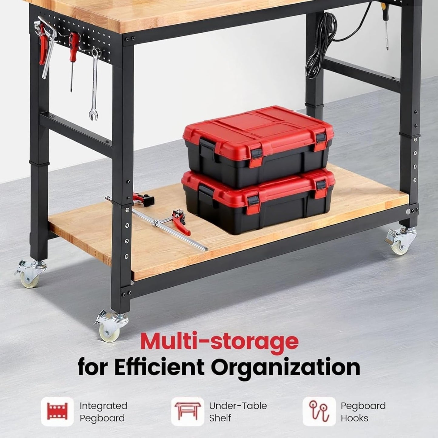 Workbench with Wheels 60 x 22 Heavy Duty Rubberwood Tabletop Work Bench Adjustable Height Garage Work Table with Under Table Shelf, Sided Pegboard, Power Outlets for Home Office
