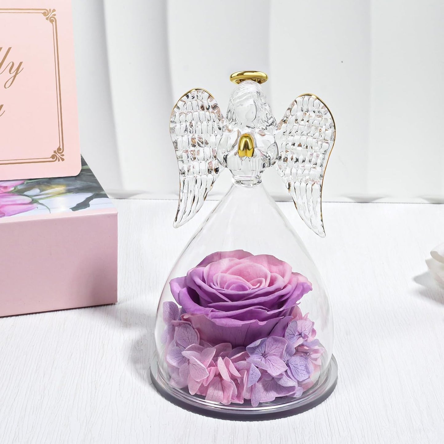 Yamonic for Mom, Moms Birthday Gifts for Women Grandma, Angel Figurines with Preserved Real Flowers Rose for Mothers Day, Wife Anniversary, Valentine's Day Gifts for Her(Pink+Purple)
