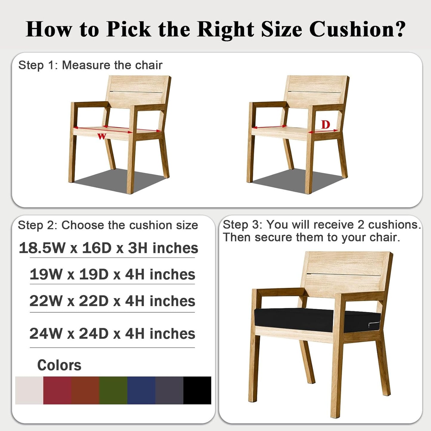 Outdoor Chair Cushions Set of 2 for Patio Furniture 19x19x4 Inch Waterproof Patio Chair Cushion 3 Year Color Fastness Square Elastic Foam Garden Couch Pads with Ties and Handle,Black