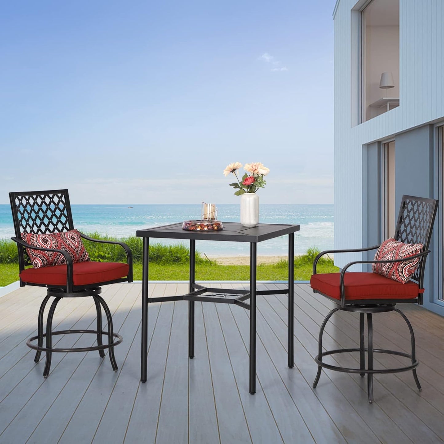 Sophia & William Patio Bar Stools Set 3 Pieces Outdoor Bistro Set, 2 Swivel Bar Chairs and 1 Square Bar Height Table, All-Weather Metal Furniture Set with Red Cushion and Umbrella Hole