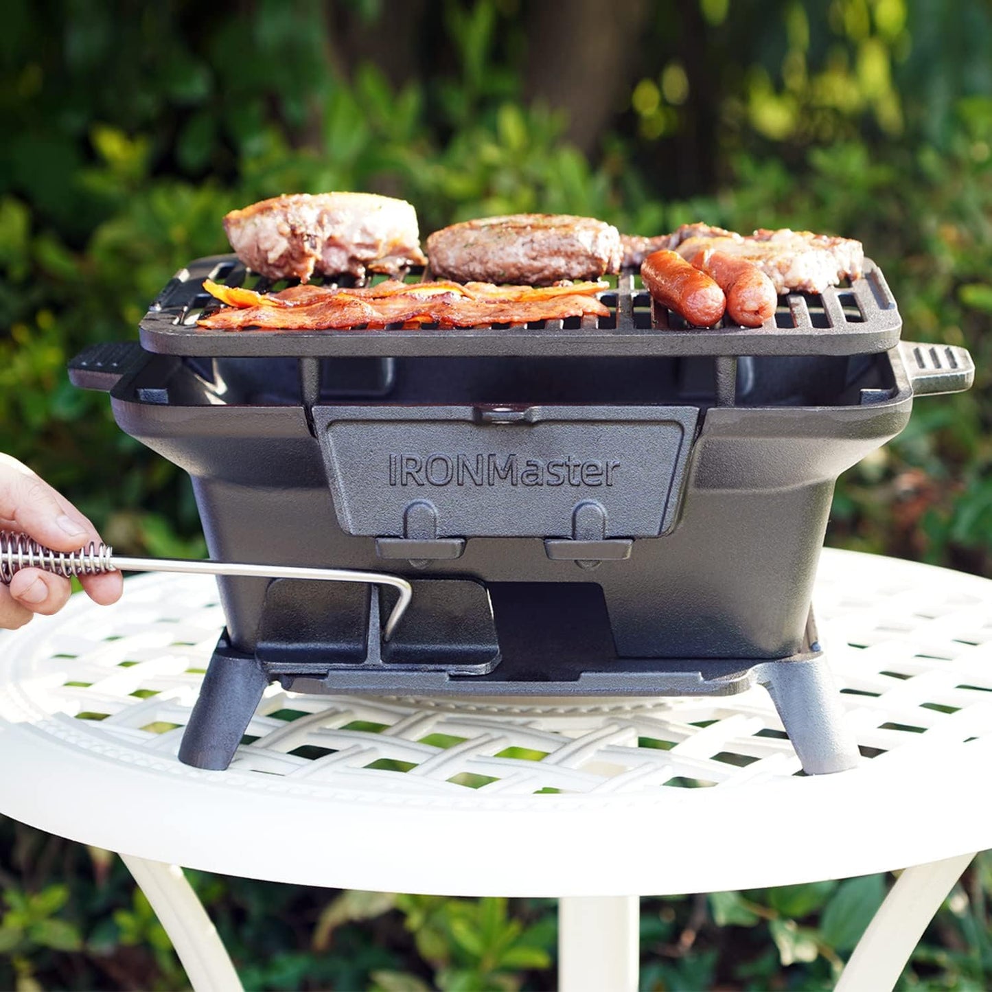 IronMaster Hibachi Grill Outdoor, Small Portable Charcoal Grill, Pre-Seasoned Cast Iron, Japanese Yakitori Camping Grill - 2 Heights, Air Control, Coal Door