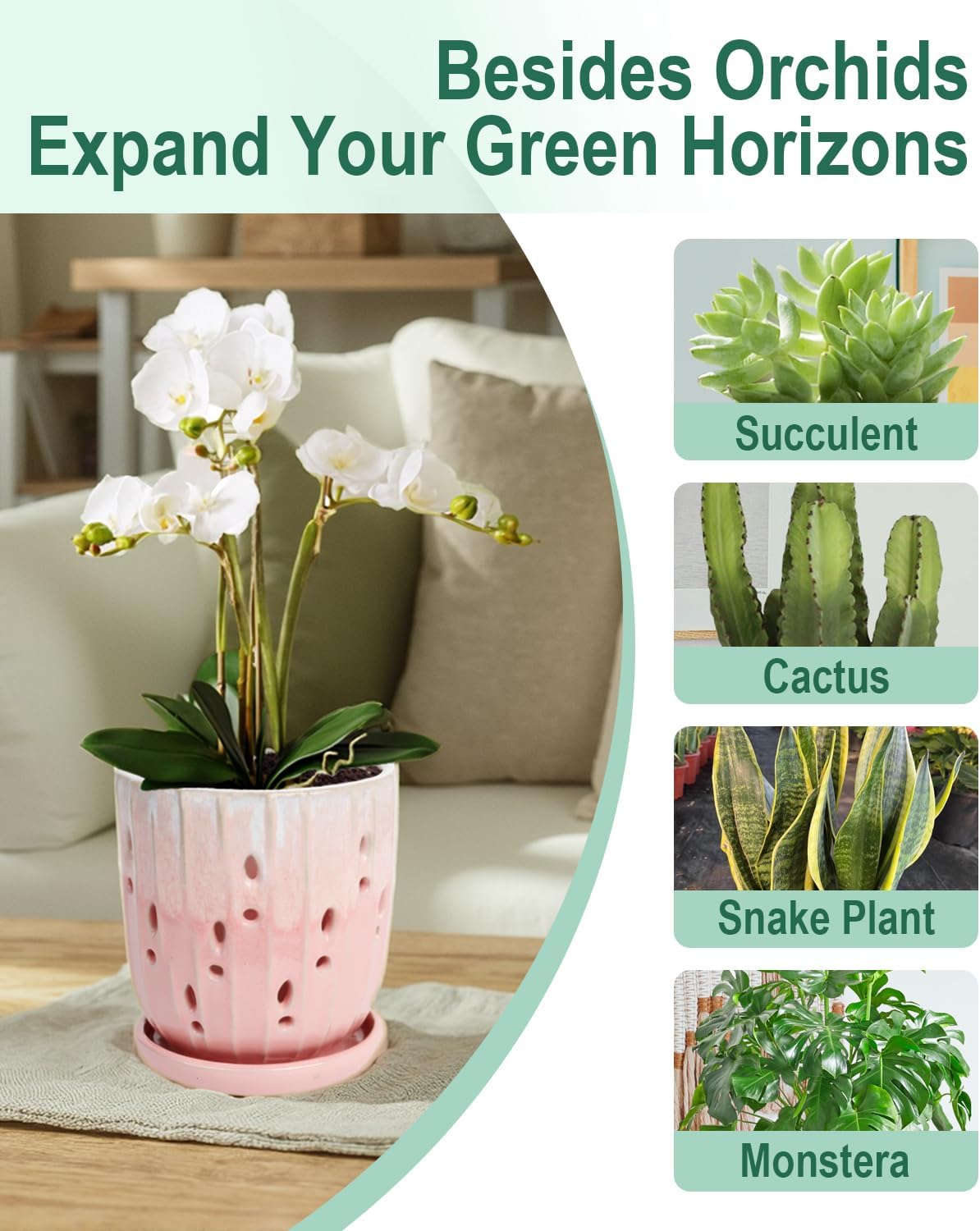 vensovo 6 Inch Ceramic Orchid Pot - Orchid Pot with Holes for Repotting, Ceramic Planter with Saucer for Indoor/Outdoor Plants, Pink