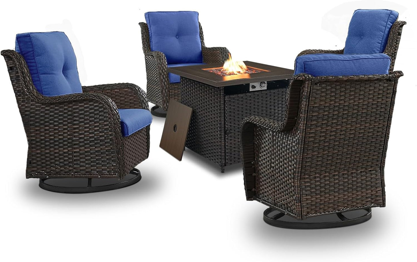 5 Pieces Patio Wicker Furniture Set - 4 Outdoor Swivel Rocker Glider Chairs with 50000BTU Propane Fire Pit Table, Warm Patio Conversation Set Blue Cushion Perfect for Casual Gathering