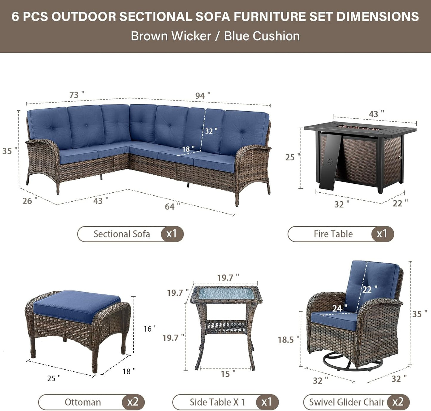 8 Pieces Patio Conversation Set with 43” Propane Fire Pit Table, Outdoor Sectional Furniture Sofa Set with Removable Cushions for Patio Deck Backyard Brown