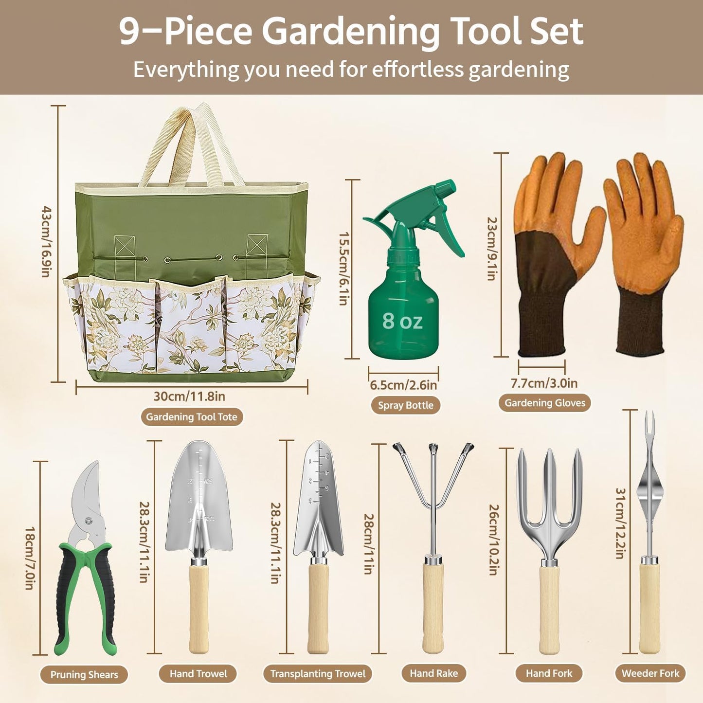 LASZOLA 9 Pcs Garden Tools Set with Tote Bag and Hand Trowel Rake Shovel, Heavy Duty Stainless Steel Gardening Kit for Outdoor Plant, Standable Portable Handbag Organizer, Ideal for Women Mom, Green
