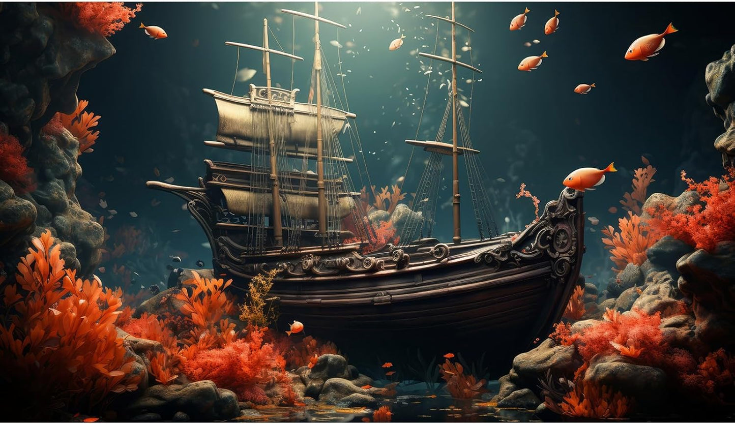 Pirate Shipwreck Aquarium Background Under The Sea Coral Reefs Fish Tank Background Underwater Sunken Ship Landscape Terrarium Background Tropical Sea Marine Life Aquarium Tank Background 72x18in