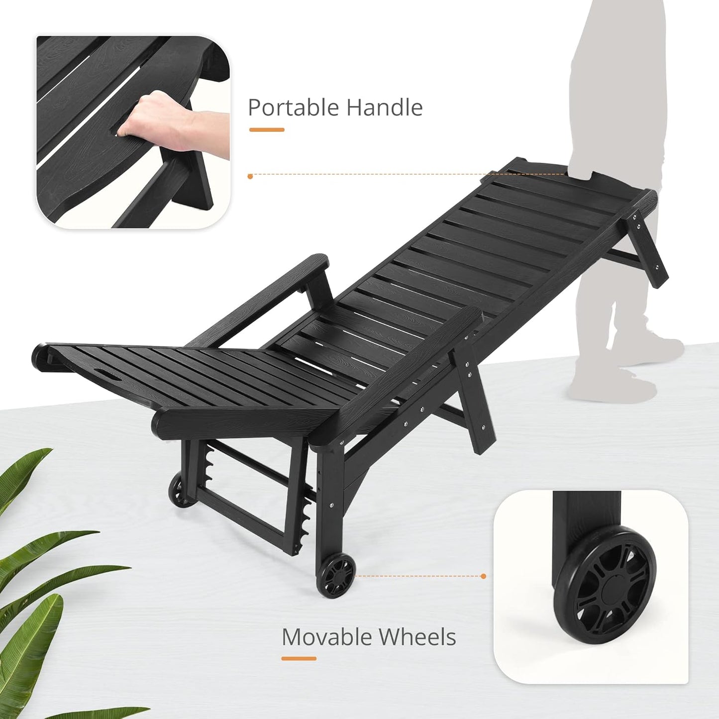 LUE BONA Chaise Lounge Chairs Set with Table, 6-Piece, 79'' Oversized HDPS Chaise Lounger, 5 Positions Adjustable Lounge Chairs, Pool Lounge Chair with Wheels for Poolside, 3 Year Warranty, Black