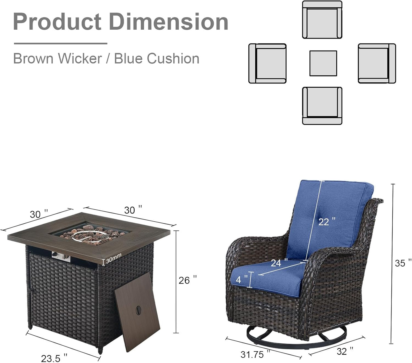 5 Pieces Patio Wicker Furniture Set - 4 Outdoor Swivel Rocker Glider Chairs with 50000BTU Propane Fire Pit Table, Warm Patio Conversation Set Blue Cushion Perfect for Casual Gathering