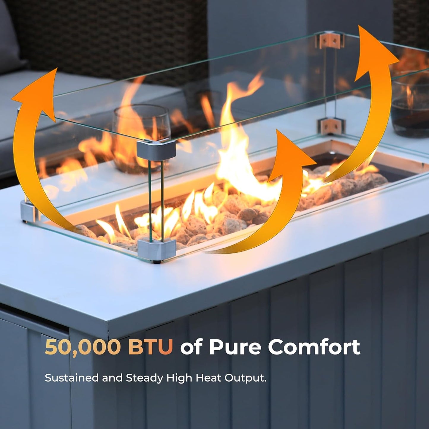 KOL 50,000 BTU Propane Fire Pit Table with Cabinet-39.5in White Gas Fireplace with Glass Wind Guard & Lid, Outdoor Rectangular Cold Rolled Plate Plastic Spraying Firepits for Patio, Backyard, Balcony