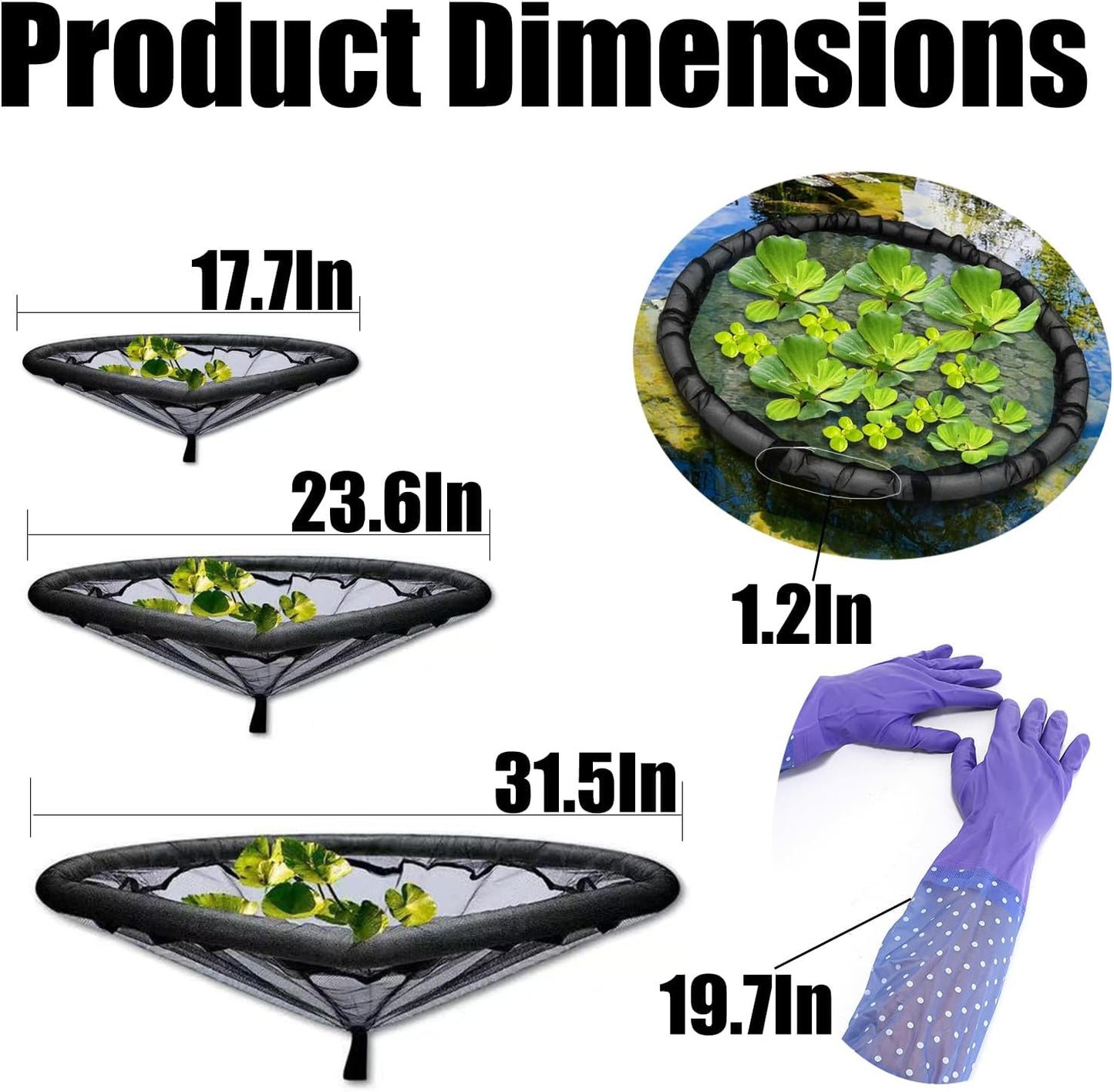 2Pack Round Floating Flora Fish Barrier-17.7Inch Black Pond Plant Protector, Floating Island/Planter Pond,UV Resistant Net to Shield Floating Plant(Lotus/Water Lilies)from Koi, with Waterproof Gloves