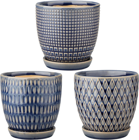 Oairse 4 inches Ceramic Planter Pots 3 Set of Small Round Flower Pots with Drainage Hole and Ceramic Tray for Succulents Cactus Indoor Outdoor Garden Home Windowsill