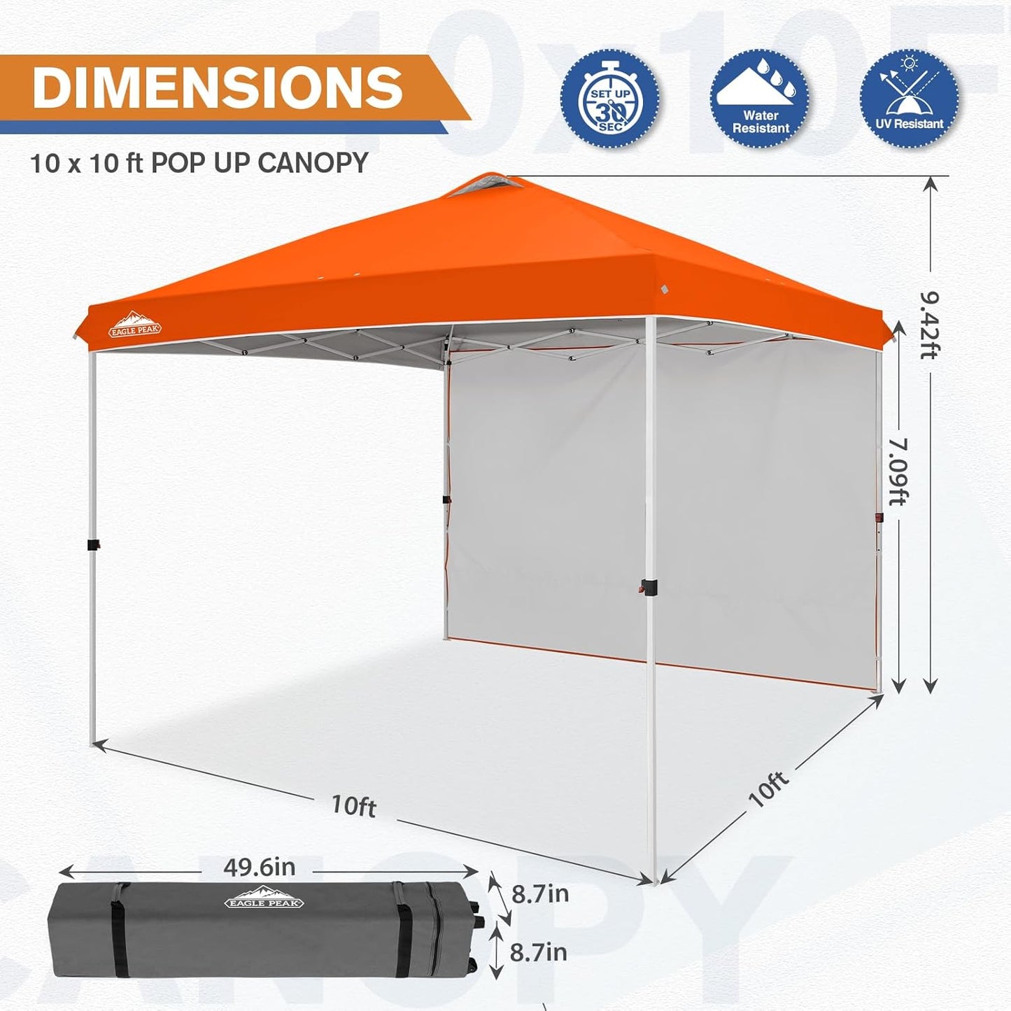 EAGLE PEAK Pop Up Canopy Tent with 1 Sidewall, Easy Setup Event Tent, Outdoor Sun Shade, Wheeled Carry Bag, Stakes and Guy Ropes, Instant Canopy 10x10, Orange