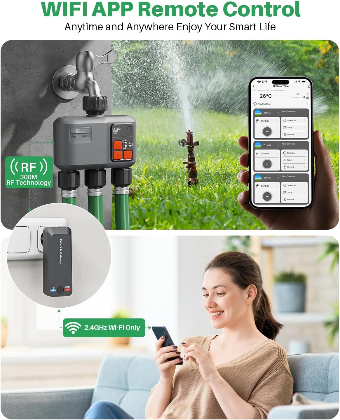 WiFi Sprinkler Timer 3 Zone with 984 Feet RF Gateway, 3 Outlet Smart Water Timer for Garden Hose with Rain Delay/Manual/Automatic,WiFi Water Hose Timers for Garden & Lawns