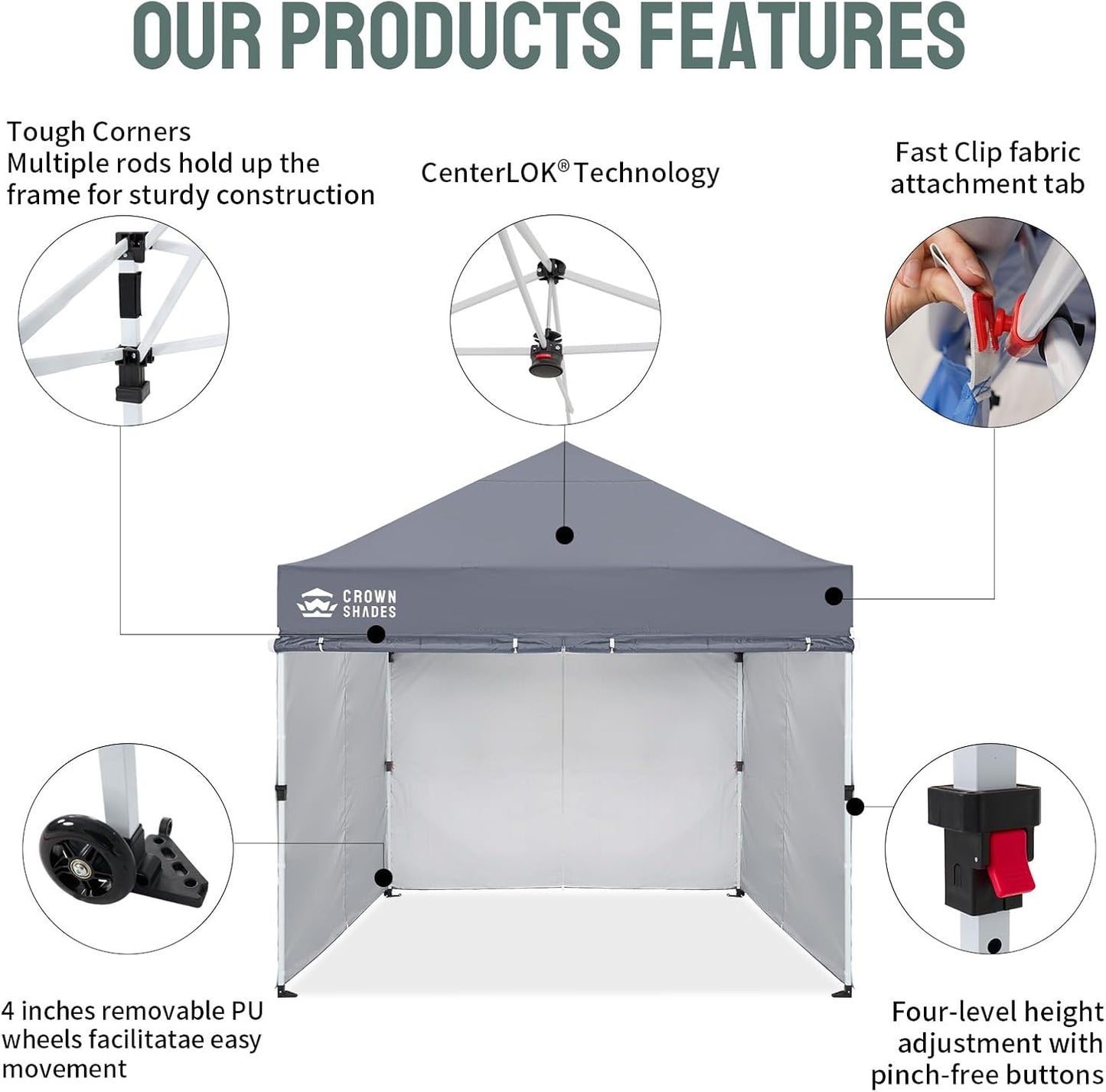 CROWN SHADES Pop Up Canopy Tent, 8x8 Commercial Canopy Tent with 4 Sidewalls, 4" Wheels, 4 Upgraded Weights, Patented Centerlock, 400D Fabric, Sto'N Go Bag, Gray