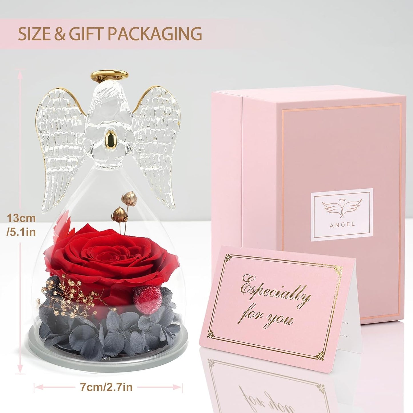 Yamonic Mom Birthday Gifts for Mom, Angel Figurines with Real Rose Gifts for Her Mom Grandma,Preserved Flowers Rose Angel Figurines for Mothers Day Christmas Anniversary Birthday Gifts for Her (Red)