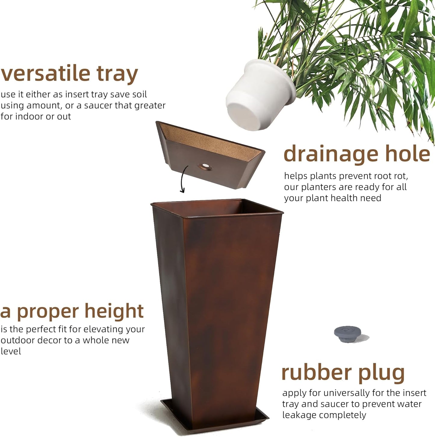 KOL 25'' & 28'' Tall Galvanized Steel Planter with Saucer, Metal Planter Pots for Indoor & Outdoor Use, Decorative Flower Plant Pots with Drainage Hole for Front Porch, Patio, Deck - Rust Color