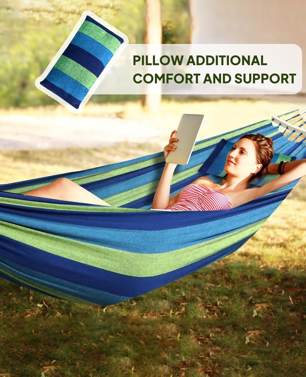 Chihee Cotton Hammock Large Soft Breathable Camping Hammock Holds Up to 660lbs Portable Tree Hammock with Detachable Spreader Bar Pillow 2 Strong Webbings 2 Carabiners Patio Garden Indoor Outdoor