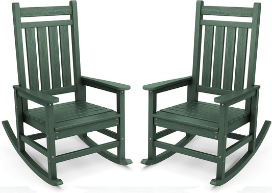 SERWALL Outdoor Rocking Chair Set of 2, HDPE Rocking Chairs for Adult, All Weather Porch Rockers for Lawn Garden, Green