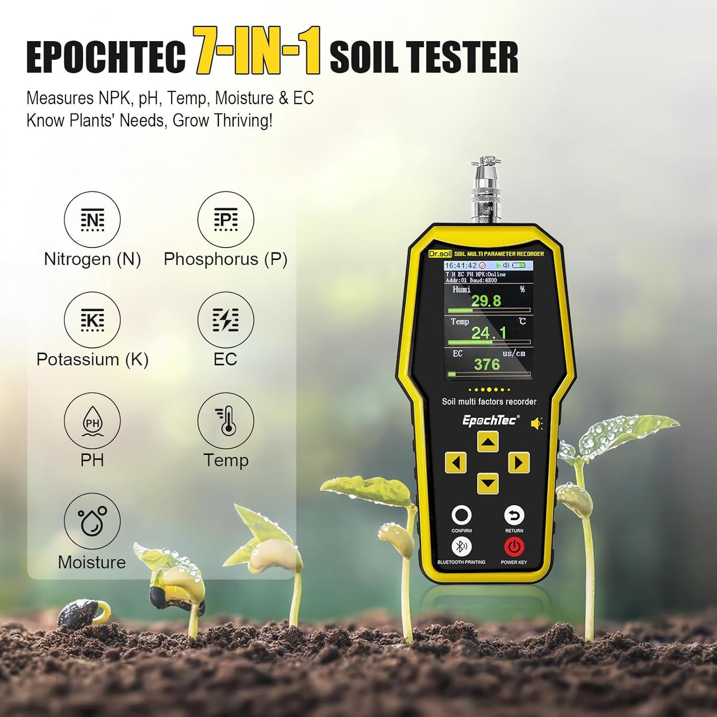 7 in 1 Soil Tester, ±1% High Precision Digital NPK Tester/Soil Moisture Meter/PH Tester/Temperature/EC Monitor for Agriculture, Plant Cultivation, Geological Survey with Data Storage & Export