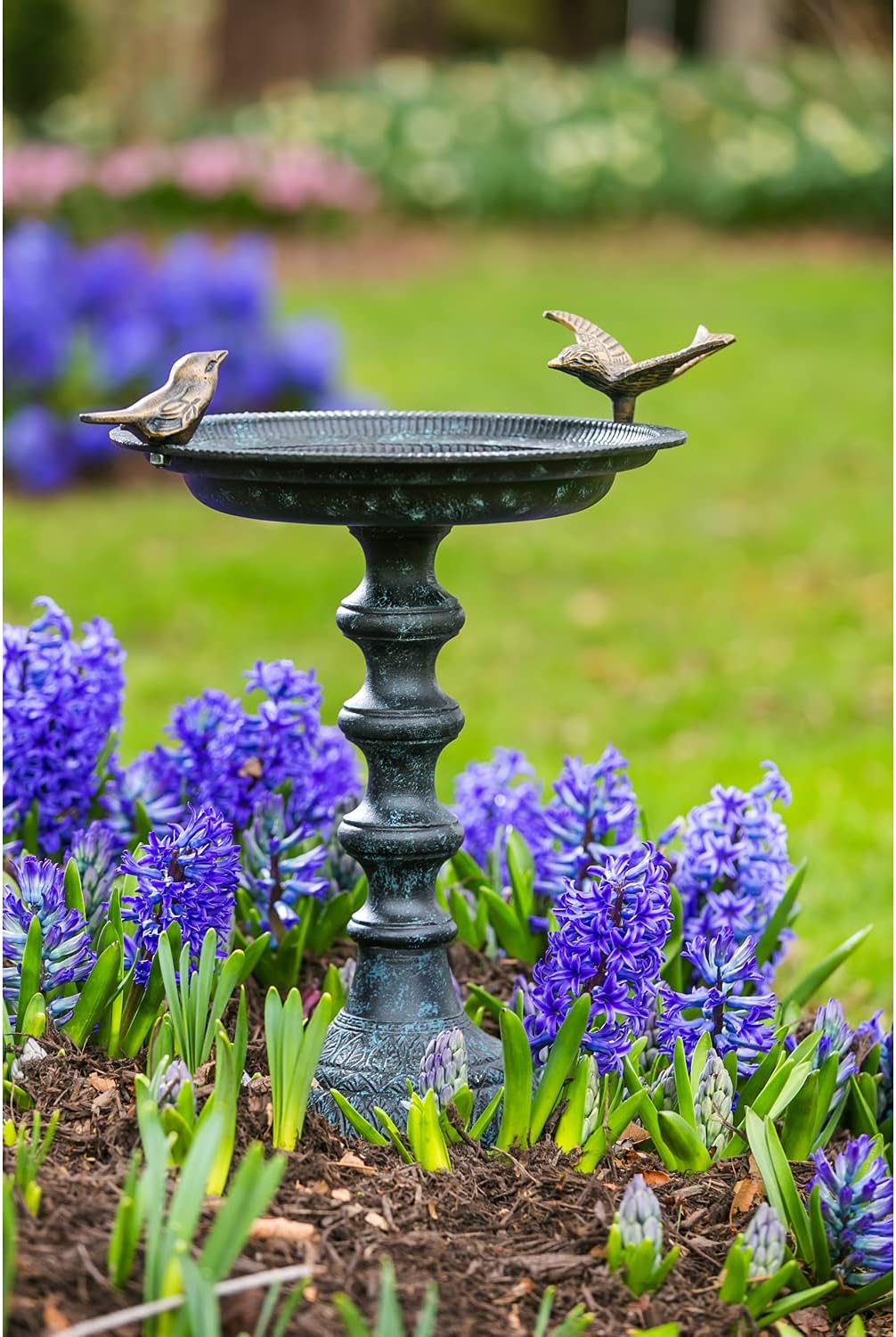 Evergreen Hummingbird Metal Bird Bath Bowl with Stand - Heavy Duty, Ground Standing Bird Bath and Feeder for Garden, Yard, Deck