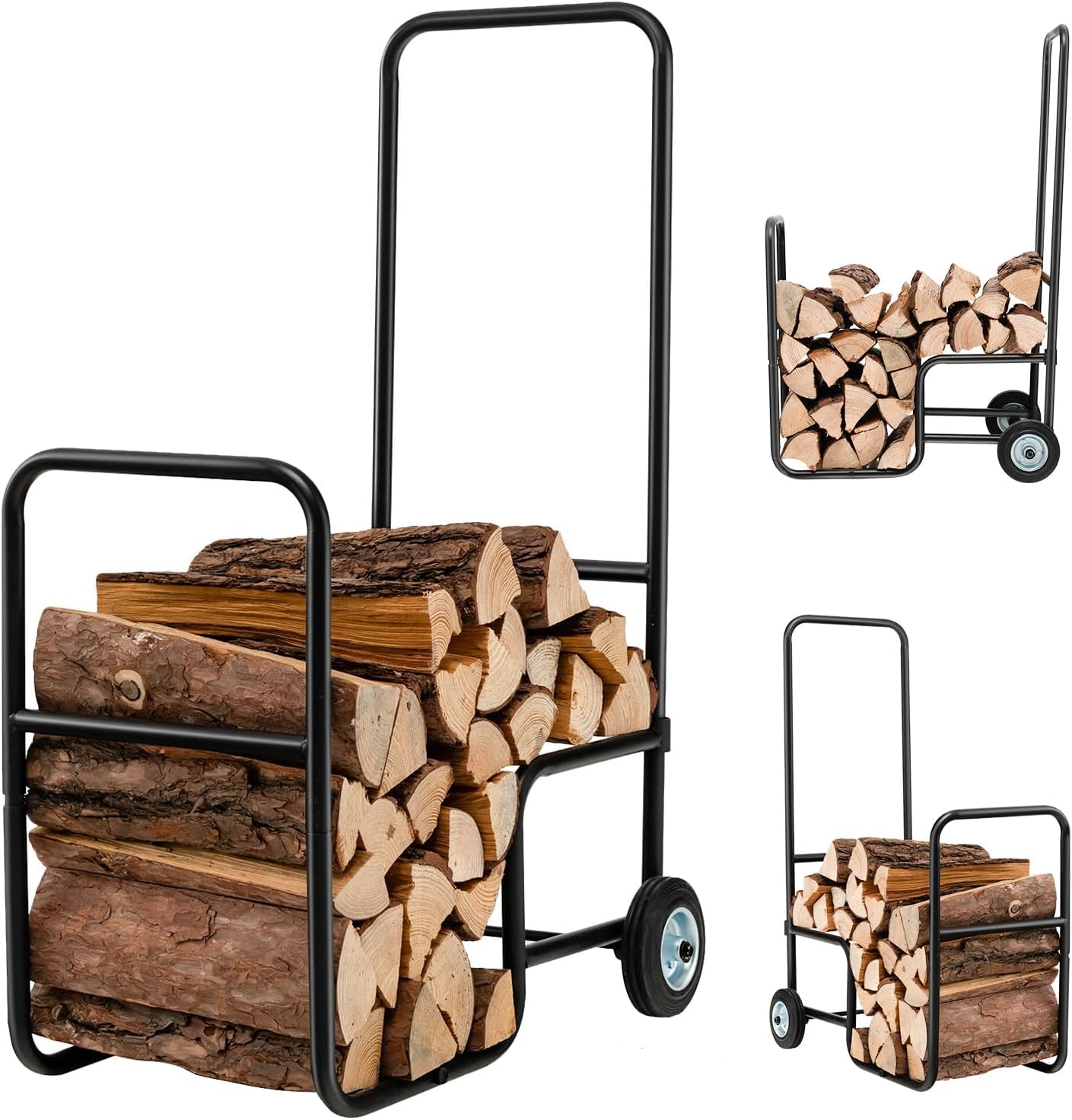 S AFSTAR Firewood Log Cart Carrier, 35” Height Wood Rack Storage Mover w/2 Rubber Wheels & Ergonomic Handle, Heavy-Duty Steel Fireplace Log Carrier Mover, Rolling Firewood Cart for Indoor Outdoor